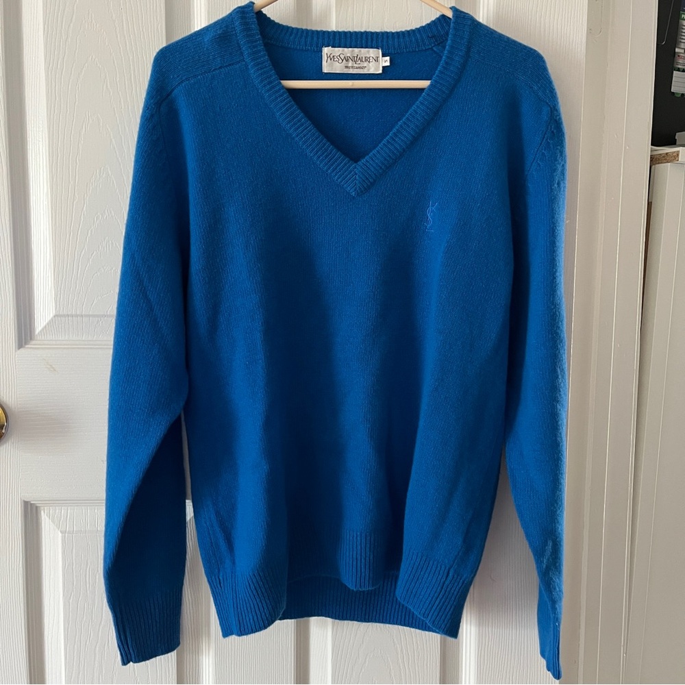 Vintage Yves Saint Laurent Men's Vibrant Blue V-Neck Sweater